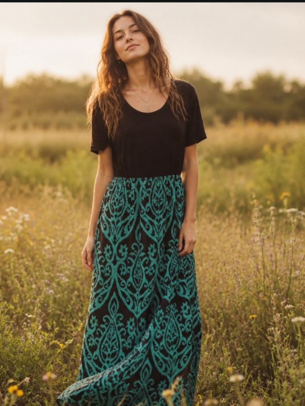 Boho Printed Maxi Skirt in Teal and Black